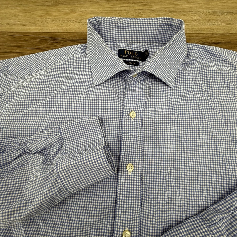 Polo Ralph Lauren Classic Fit Button Shirt Mens 17.5 32-33 Blue White Gingham